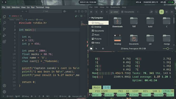 Creamy forest desktop rice with VS Code and htop tactile tabs