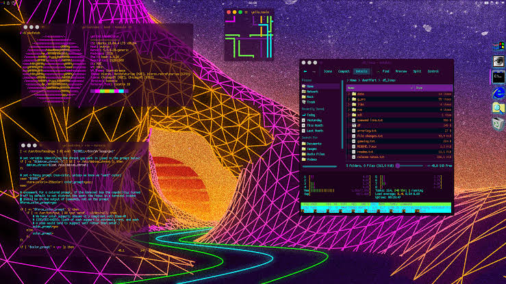 Outrun synthwave wireframe mountain desktop rice with neon HUD windows
